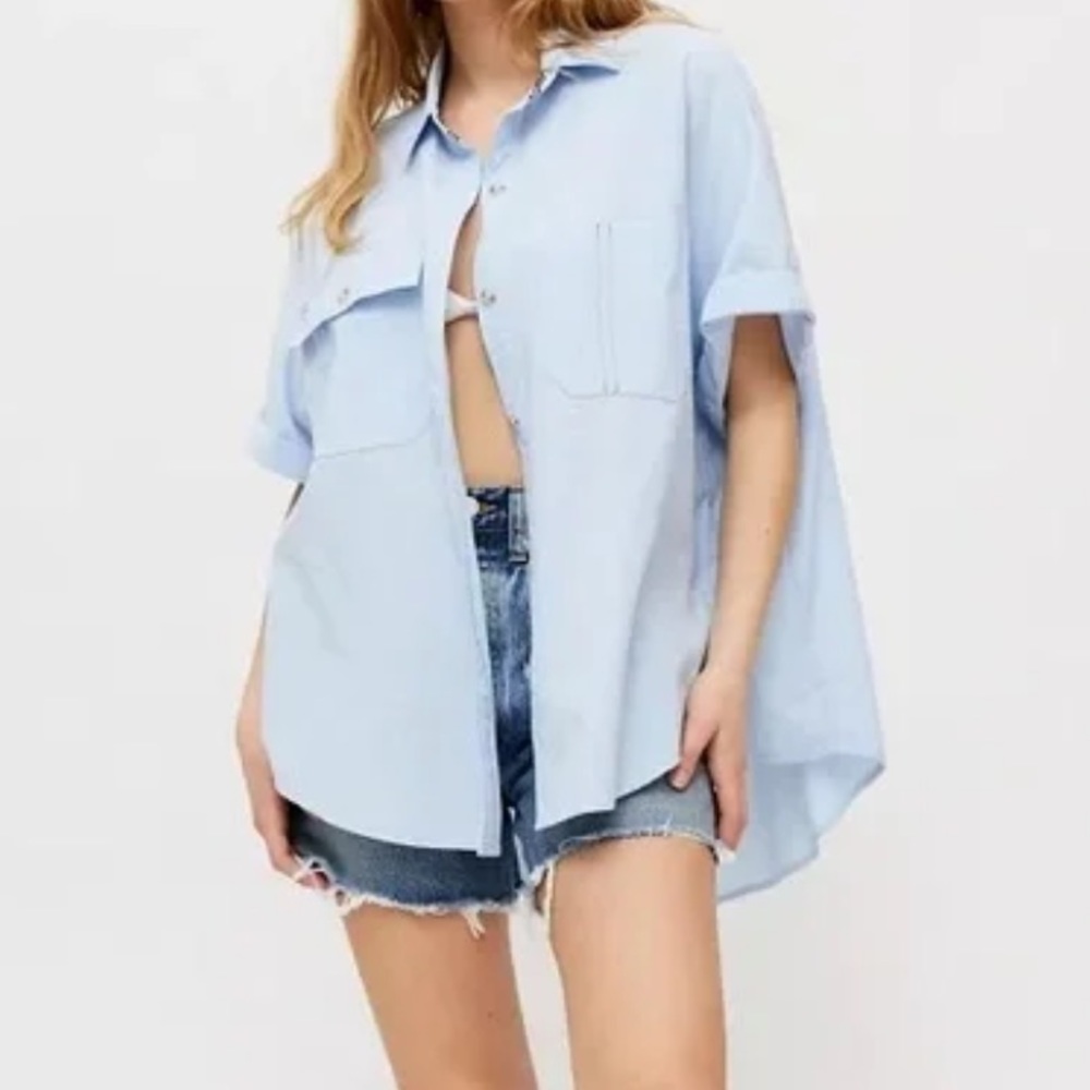 BDG Rory Oversized Shirt Sz XS Blue Button Down Short Sleeve